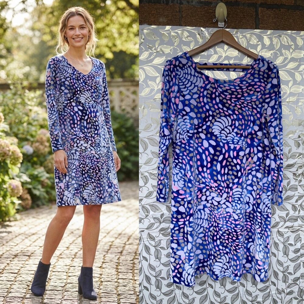 Lilly Pulitzer Velvet Tunic Dress Size L Blue Pink Printed Boho Chic